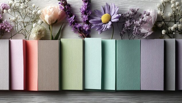 Color swatches and flowers on a white wooden surface.  Arrangement of pastel colored notepads, various flowers (peonies, tulips, daisies, lilac sprigs) and small white flowers - Powered by Adobe