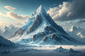 Majestic snow capped mountain peak under a dramatic cloudy sky