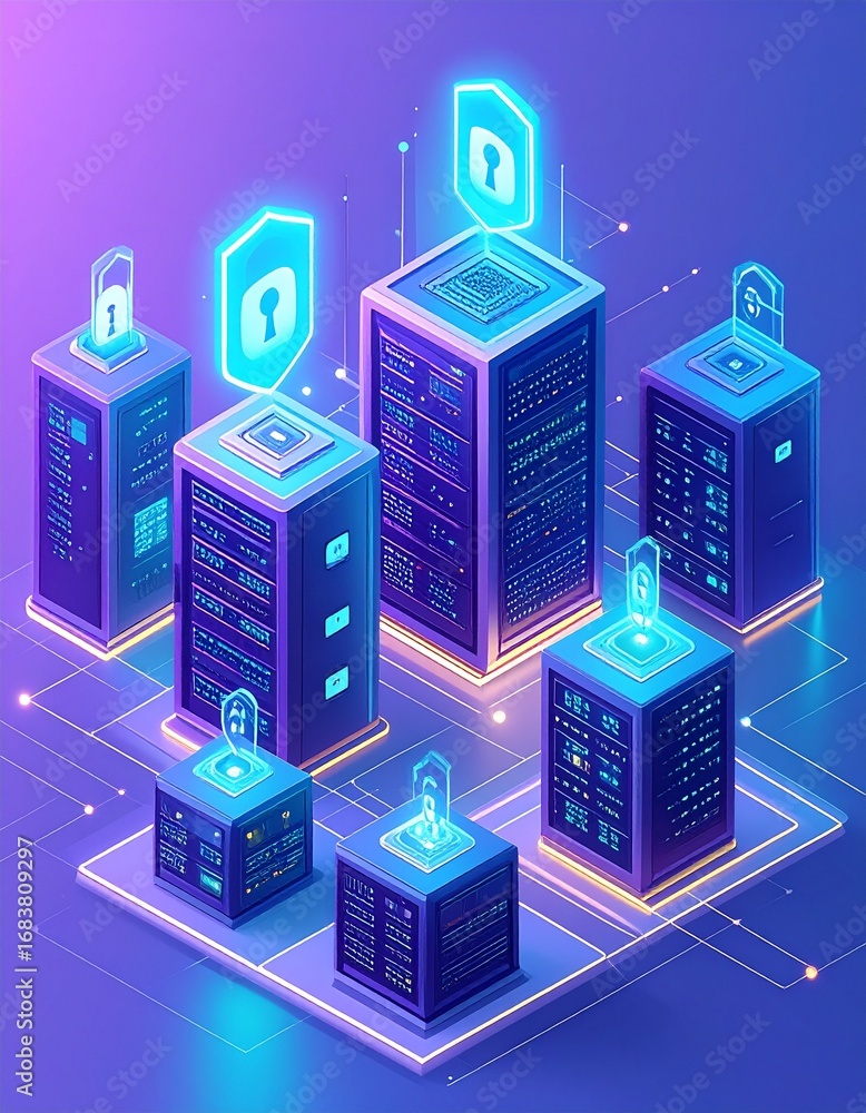 Poster stylized data center with glowing security symbols and servers in 3d