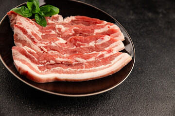 Bacon slice lard with meat slices pieces pork tenderloin portion size natural product tasty snack fresh delicious gourmet food background on the table rustic top view copy space