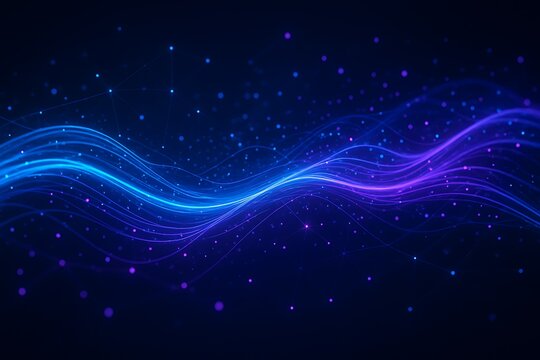 Abstract flowing wave lines background with blue and purple gradient particles representing data stream energy flow futuristic technology motion light trail digital wallpaper modern design
