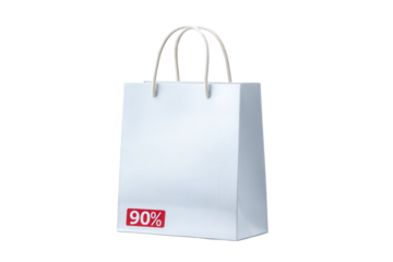 White shopping bag with a 90 discount sticker isolated on transparent background