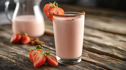 Strawberry horchata with cinnamon-rimmed glass and fresh strawberry garnish, pale pink creamy Mexican beverage on rustic wooden table with whole strawberries