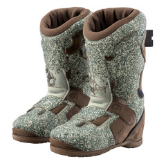 Two pairs of insulated, camouflage-patterned boots.  Robust design with buckles and padding