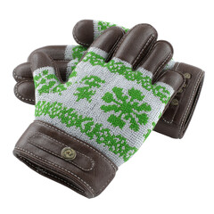Close-up of a pair of winter gloves.  Woven, warm, and patterned.  Leather-covered palms and cuffs, with a festive knit design