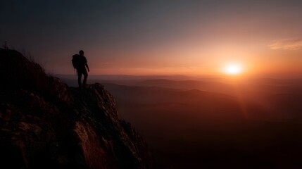 A lone hiker stands silhouetted on a rugged mountain cliff gazing at a breathtaking sunset over a vast layered mountain landscape embodying explo n