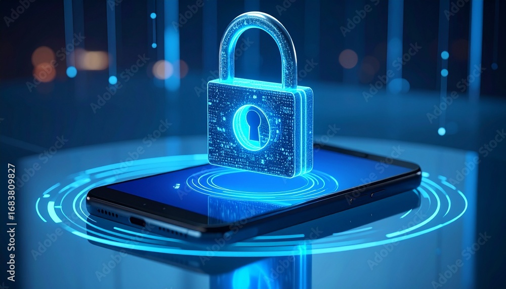 Poster modern smartphone with digital padlock symbolizing data security