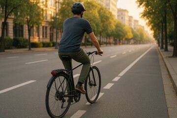 Fototapeta premium Cyclist wearing helmet rides on a city street in the morning light, realistic photo style, urban background, concept of eco transport and freedom