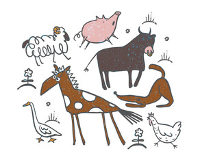 Funny doodle farm animals collection with cartoon vintage rustic style © Yumeee