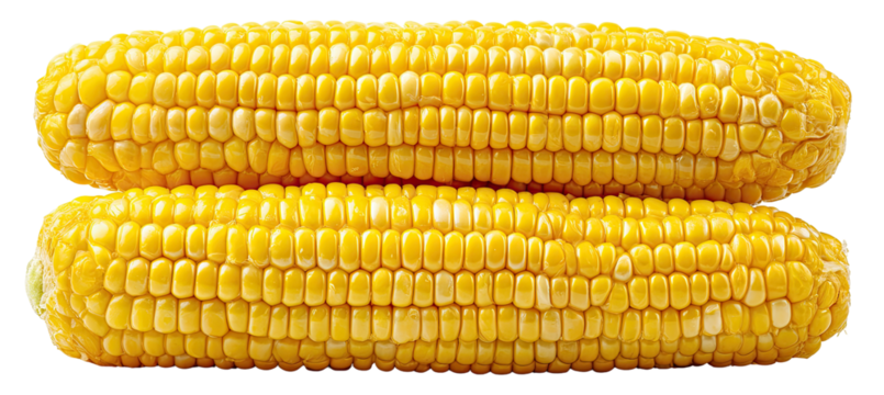 Two bright yellow corn on the cobs, stacked closely together