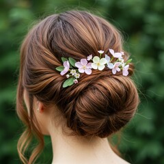 Naklejka premium Woman with Brown Hair in Low Bun and Pastel Flower Hair Accessory