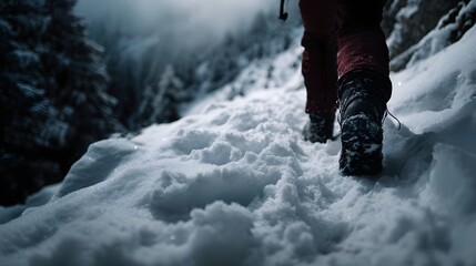 A person wearing red pants and black boots walks uphill on a pristine snowy mountain trail surrounded by a winter forest landscape