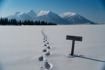 A solitary set of footprints leads across a vast snow covered landscape towards a distant mountain range under a clear blue sky