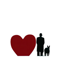Large red heart shape, a man and dog
