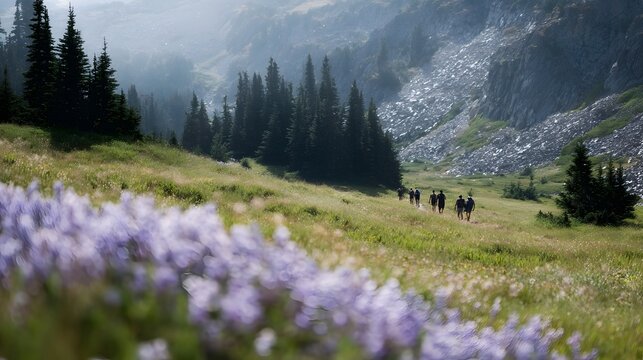 A group of hikers navigates a vibrant alpine meadow rich with purple wildflowers and towering evergreen trees beneath a soft hazy mountain sky
