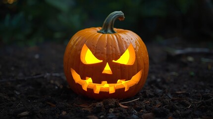 Fototapeta premium Glowing Halloween pumpkin lantern with scary face carved into orange jack o lantern, spooky decoration on dark ground background for autumn holiday celebration and horror atmosphere