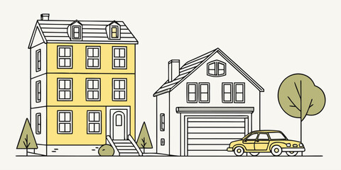 Fototapeta premium Stylized drawing of a neighborhood featuring a multi-story yellow house, a single-story house with a garage, and a parked car.