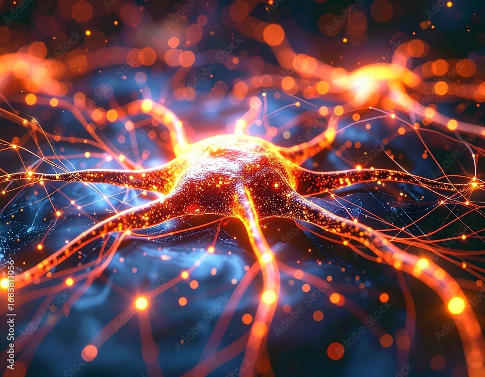 Poster abstract glowing neural network structure with bright data connections