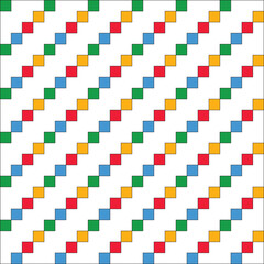 Pattern created from diagonal lines of small blue, red, yellow and green squares