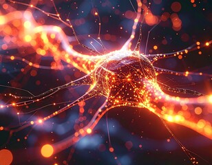 Glowing neural network representation with vibrant orange design eleme