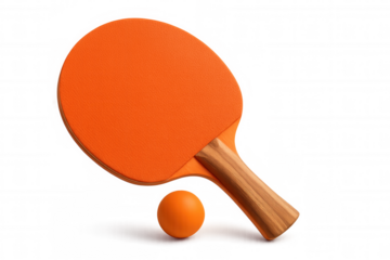 Orange ping pong paddle and ball floating on a transparent background, perfect for sports or recreation themed projects