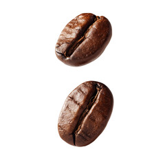 Close up macro shot of two roasted coffee beans falling against a black background isolated on transparent background