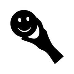 Hand holding a smiley face ball in a simple black and white graphic
