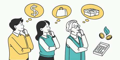 A multi-generational family illustration showing people thinking about money, shopping, and financial planning.