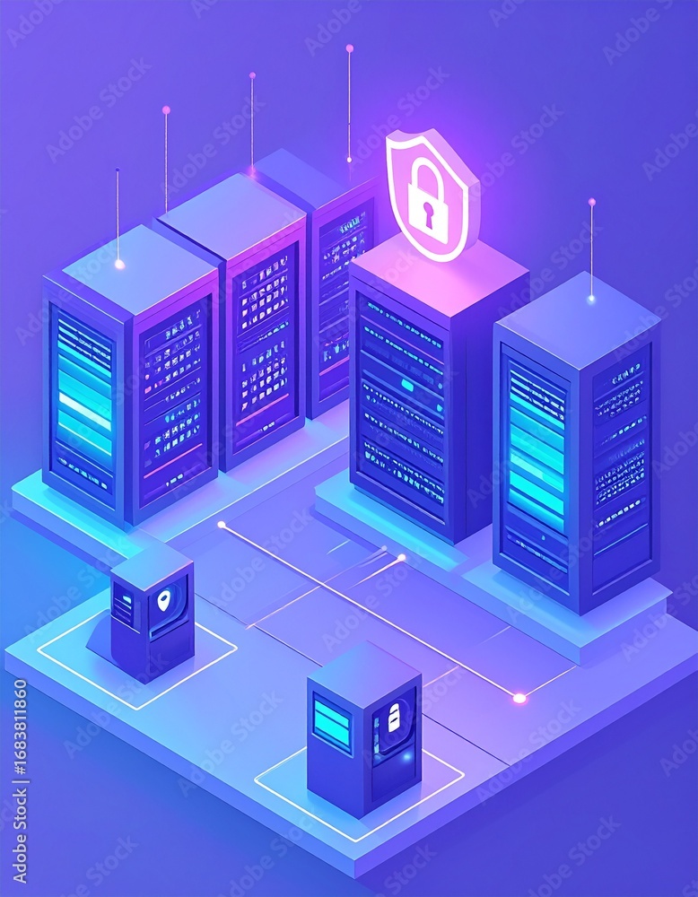Poster isometric data center with glowing security icons and modern design