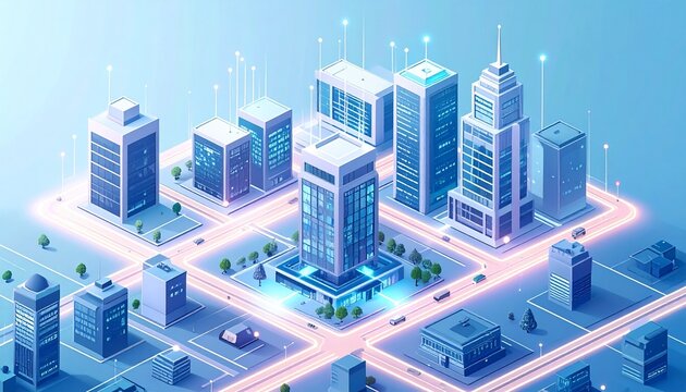 Futuristic isometric city illustration with glowing smart buildings an