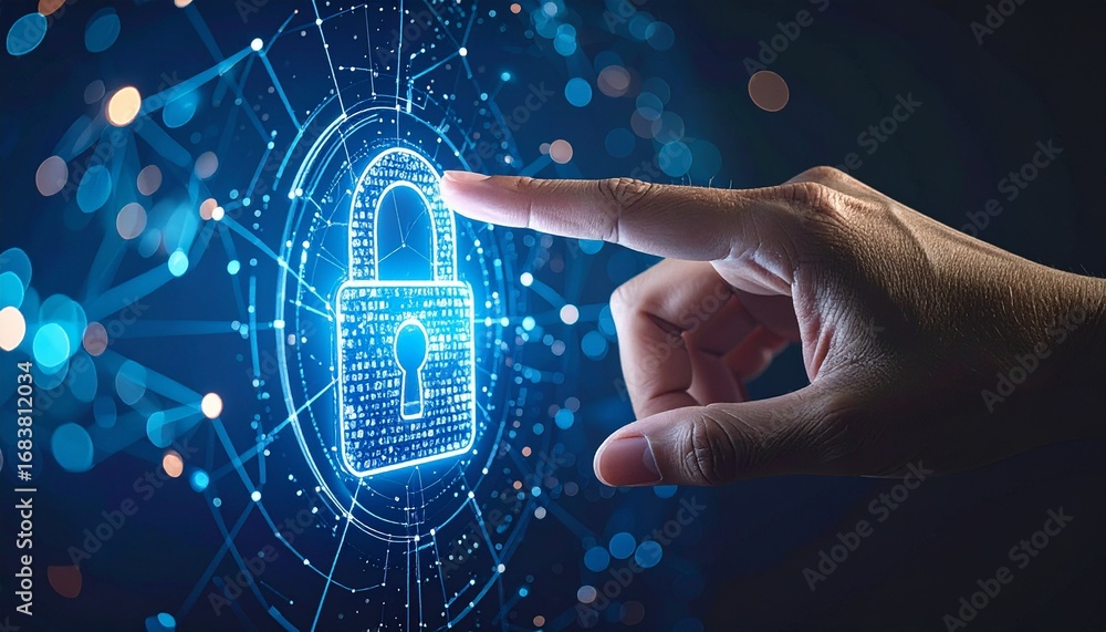 Poster hand interacting with a digital padlock symbolizing data security onli