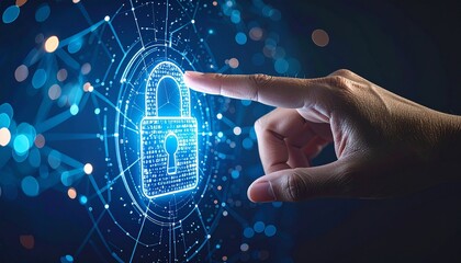 Hand interacting with a digital padlock symbolizing data security onli