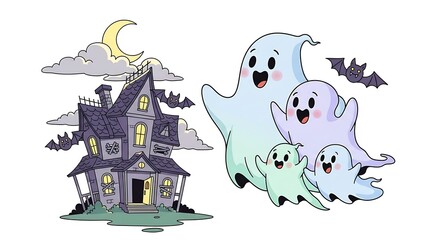 Charming family of friendly ghosts floats by a spooky haunted house under a crescent moon