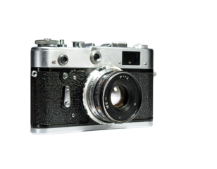 3. Surreal Floating Vintage Silver and Black Camera with Light Trails – Fantasy PNG