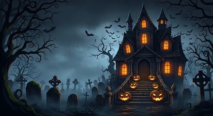 Family of Ghosts Flying in Front of a Haunted House Illustration