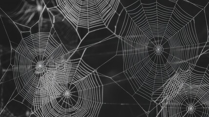 A detailed closeup of multiple spiderwebs glistening with moisture, showcasing the intricate design and delicate nature of arachnid architecture