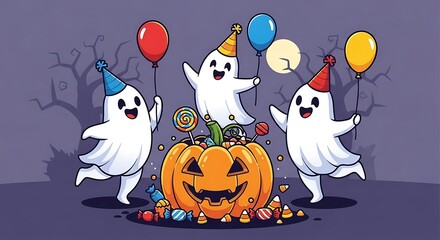 Party of Cute Ghosts Celebrating Halloween with Candies and Balloons 