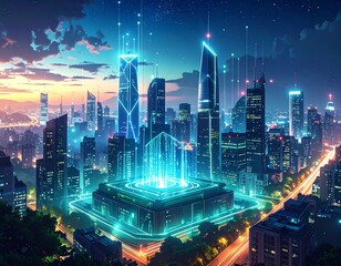 Modern city street illuminated with wireless symbols at dusk