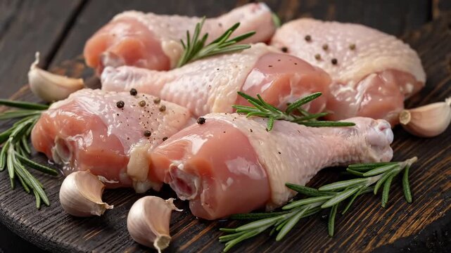 Raw Chicken Drumsticks with Herbs and Garlic - Close-up view of raw chicken drumsticks seasoned with peppercorns and rosemary sprigs, arranged on a dark wooden cutting board with garlic cloves.