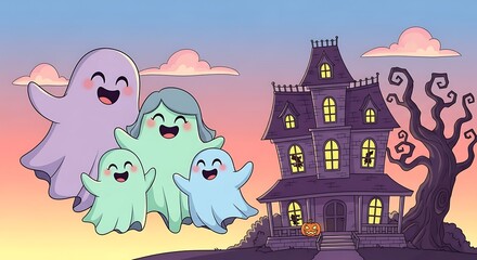 Cute Ghosts Flying in Front of a Haunted House Illustration