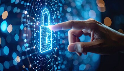 Hand interacting with digital lock icon representing cybersecurity con