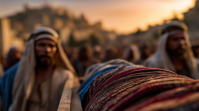 King David’s funeral procession at dawn moves solemnly through Jerusalem, his body on an ornate bier wrapped in blue and gold, with mourners silently carrying olive branches under a pale orange sky..