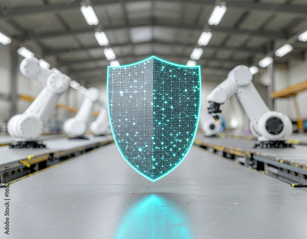 Poster cybersecurity shield over robotic arms in a factory setting