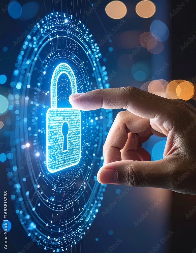 Aufkleber conceptual digital lock with hand touching luminous secure interface