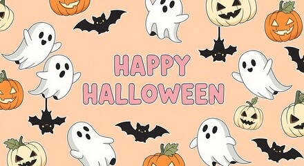 Cute ghosts and pumpkins celebrate Happy Halloween with playful bats in a festive seasonal design