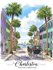 Naklejka premium Historic charleston south carolina street scene with horse drawn carriage and palm trees