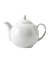 A white tea kettle with a white lid sits on a white background