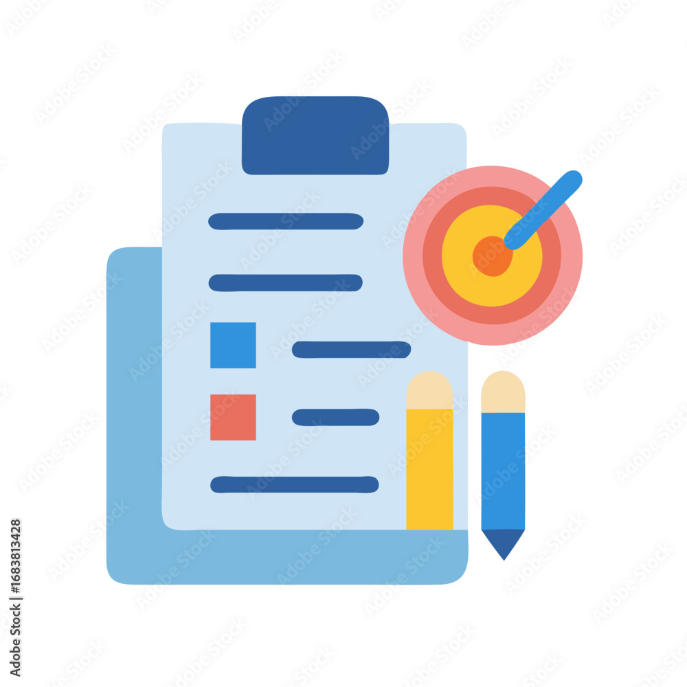 Poster project target completion tasks listed on a clipboard icon