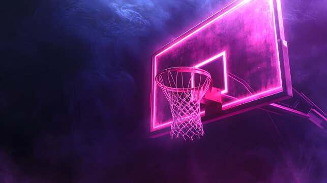 Neon illuminated basketball hoop with glowing pink backboard against dark smoky background