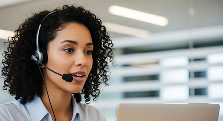 A woman with headset and microphone speaks in front of a laptop in an office setting with bright light